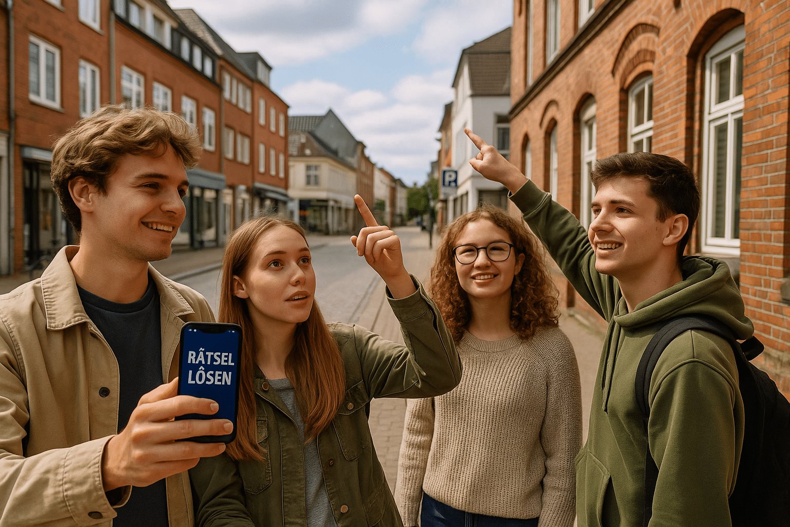 Escape Game Stadtrallye in Pinneberg – Jugendliche lösen Rätsel in der Innenstadt bei bewölktem Himmel