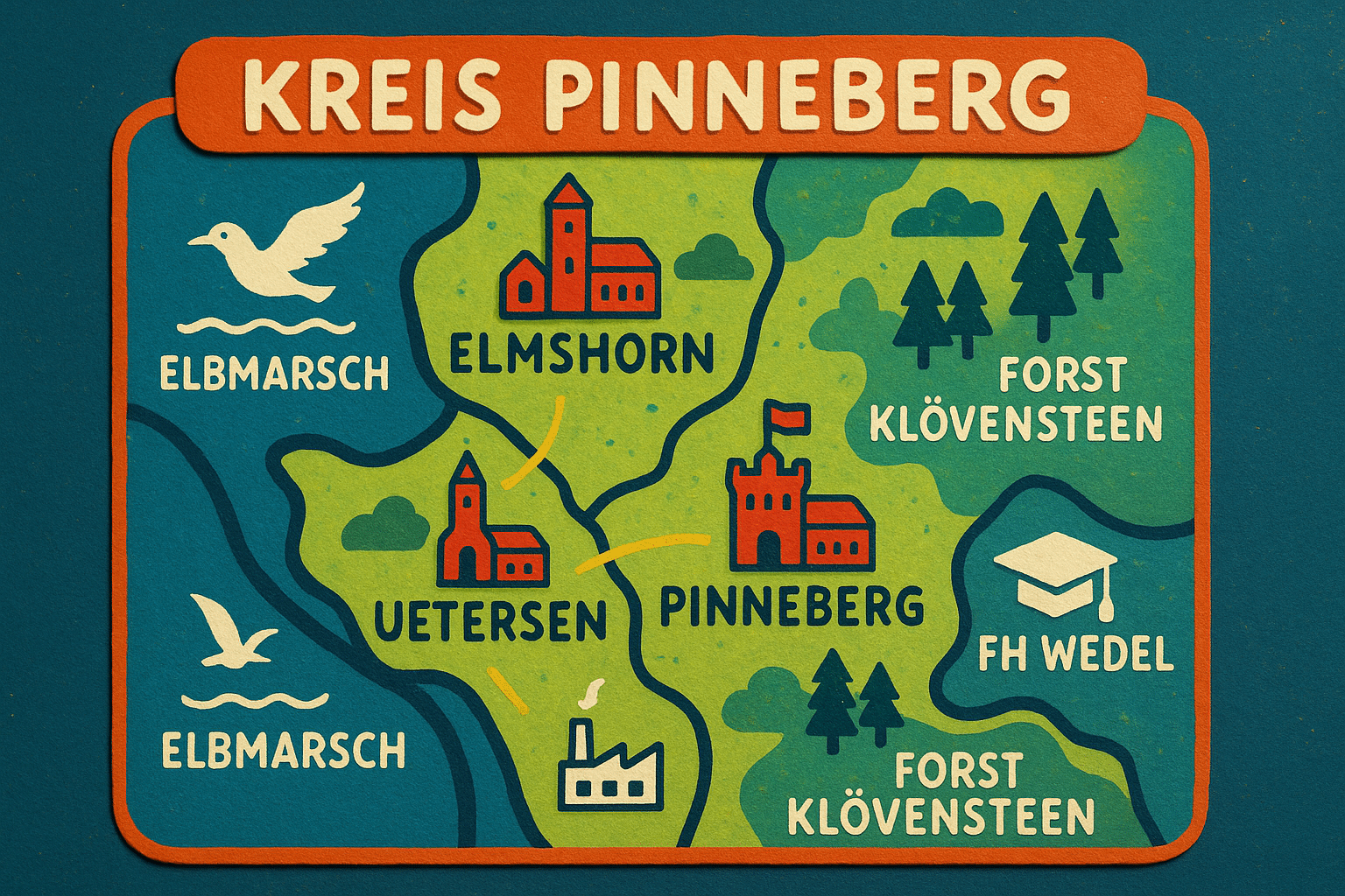 Übersichtskarte vom Kreis Pinneberg mit Sehenswürdigkeiten, Naturgebieten und Bildungsstandorten wie FH Wedel und Himmelmoor