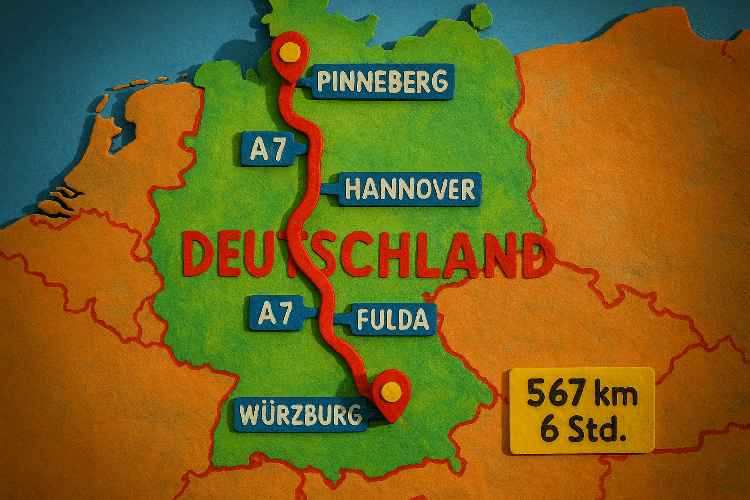 Straßenkarte mit Route von Pinneberg nach Bamberg über A7 und A70 – Entfernung und Reisedauer auf einen Blick