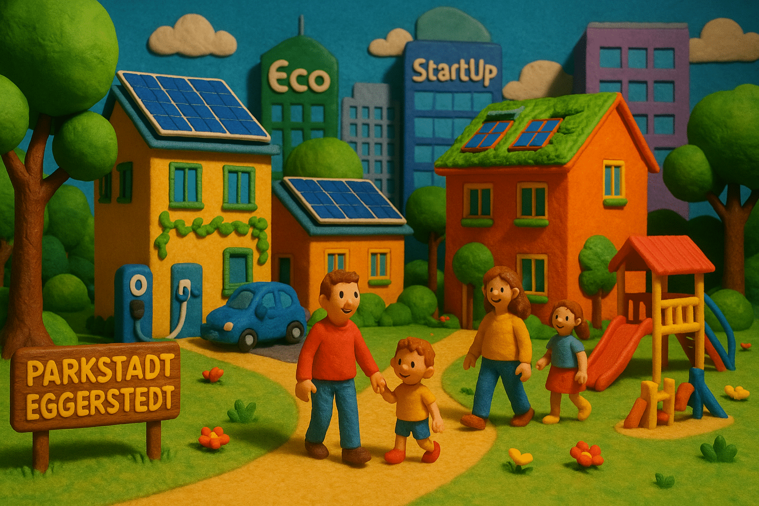 Zukunftsbild der Parkstadt Eggerstedt in Pinneberg mit nachhaltigem Wohnraum, Familienleben und innovativen Unternehmen